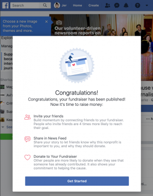 Facebook Fundraising successful setup message, congratulating you for creating a fundraiser and reminding you to complete the final steps (invite friends, share on your feed, make a donation)