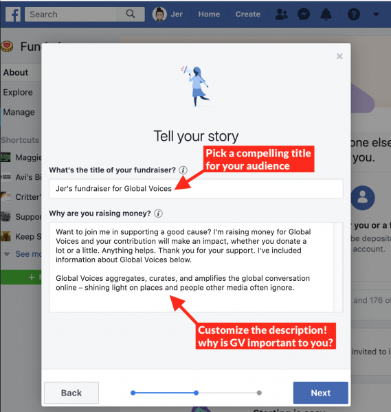 Screenshot of facebook fundraiser "Tell your story" settings for title and description