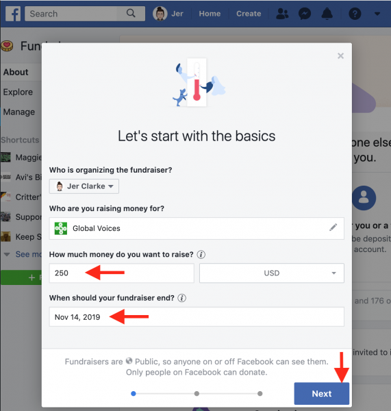 screenshot of facebook's "Let's start with the basics" popup with fields for how much to raise, the currency to use, and the date the fundraiser should end.