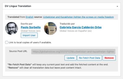 screenshot of the lingua metabox on a post with translation info saved