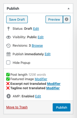 screenshot of the wordpress publish box showing errors related to translation