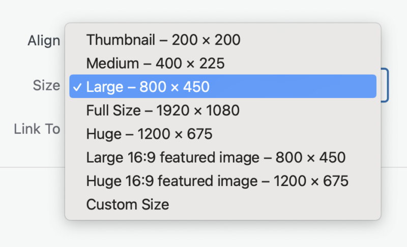screenshot of the image size chooser when editing an image already inserted in a post