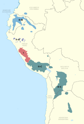 The map shows the current distribution of the Quechuan languages in South America. The areas highlighted can be found in the countries of Bolivia, Colombia, Chile and Argentina, Ecuador and Peru.