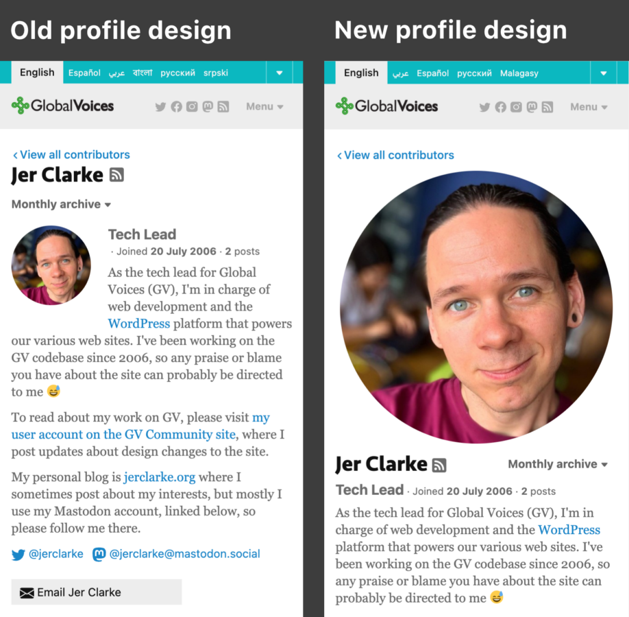 screenshots of the old and new profile designs on mobile, with the new design showing a much bigger avatar