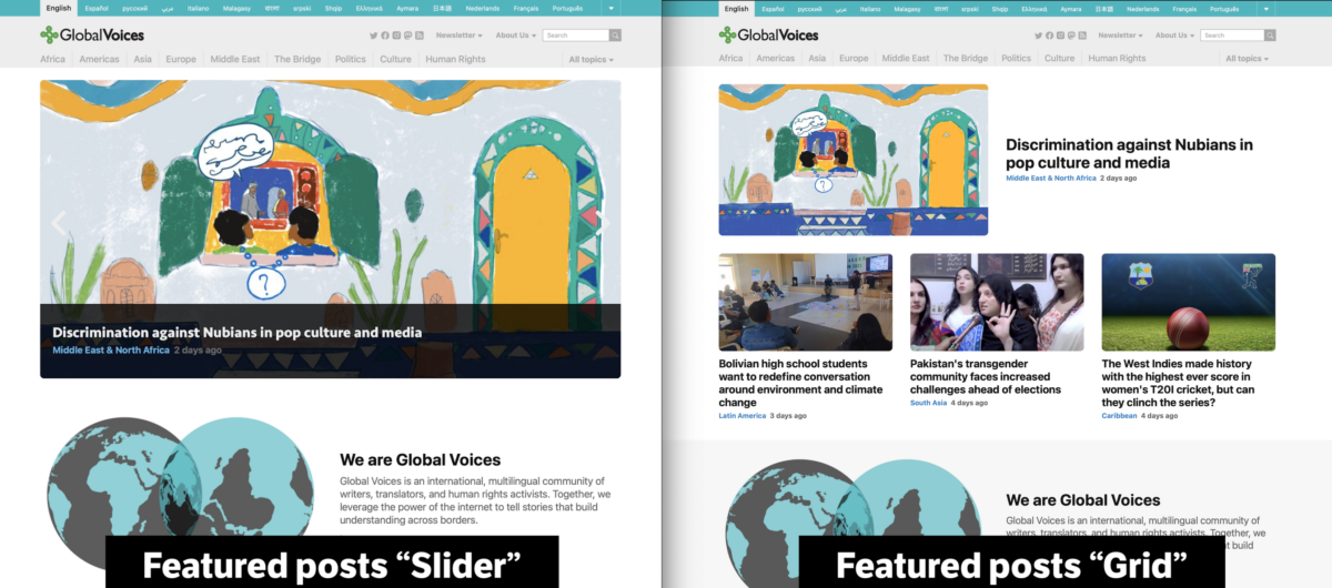 screenshots of two versions of the homepage, one with a big animated slider showing a huge image and rotating through three posts, the other with four medium sized posts in a grid.